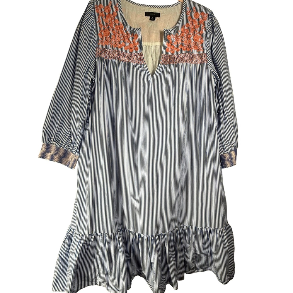J.Crew Leda Blue White Striped Embroidered Ruffle Hem Tunic Dress  Women's Small